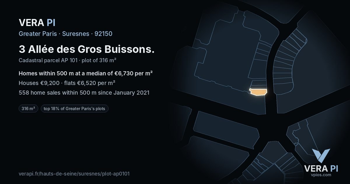 3 Allée des Gros Buissons, Suresnes at night – the plot lit, the parcels around coloured by the prices near them