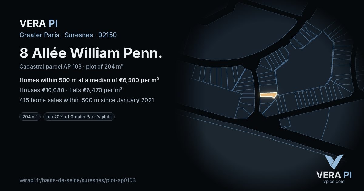 8 Allée William Penn, Suresnes at night – the plot lit, the parcels around coloured by the prices near them