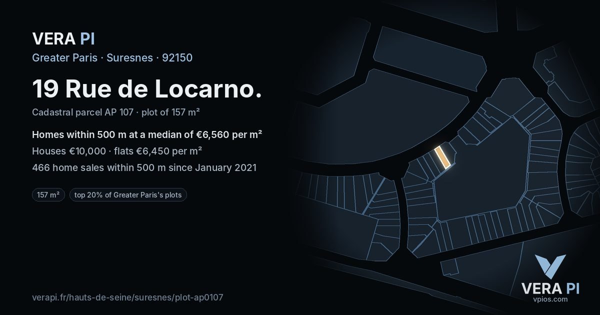 19 Rue de Locarno, Suresnes at night – the plot lit, the parcels around coloured by the prices near them