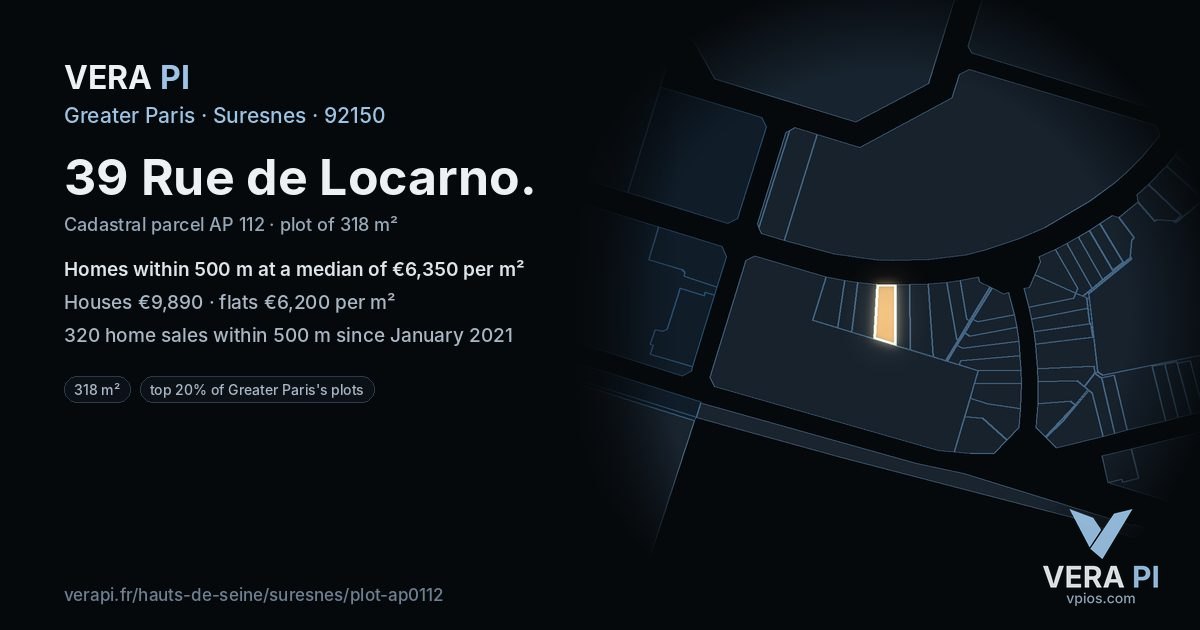 39 Rue de Locarno, Suresnes at night – the plot lit, the parcels around coloured by the prices near them