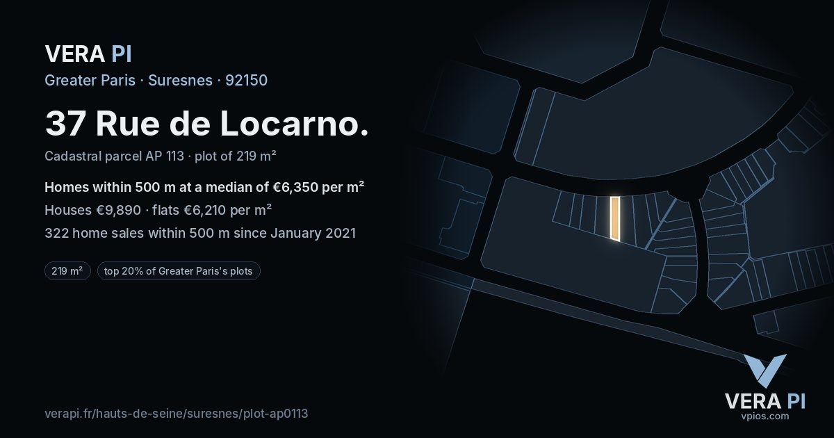 37 Rue de Locarno, Suresnes at night – the plot lit, the parcels around coloured by the prices near them