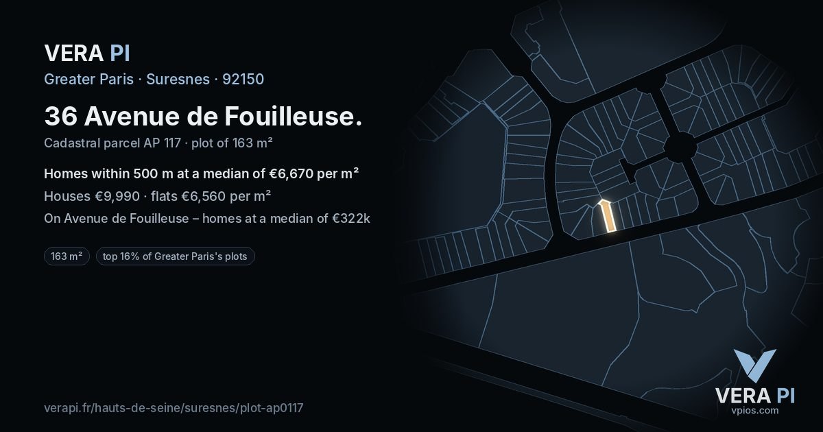36 Avenue de Fouilleuse, Suresnes at night – the plot lit, the parcels around coloured by the prices near them