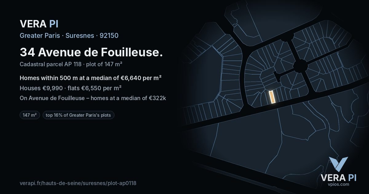 34 Avenue de Fouilleuse, Suresnes at night – the plot lit, the parcels around coloured by the prices near them