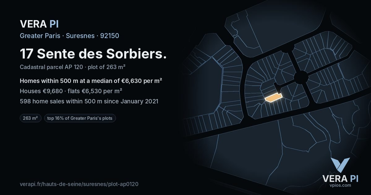 17 Sente des Sorbiers, Suresnes at night – the plot lit, the parcels around coloured by the prices near them
