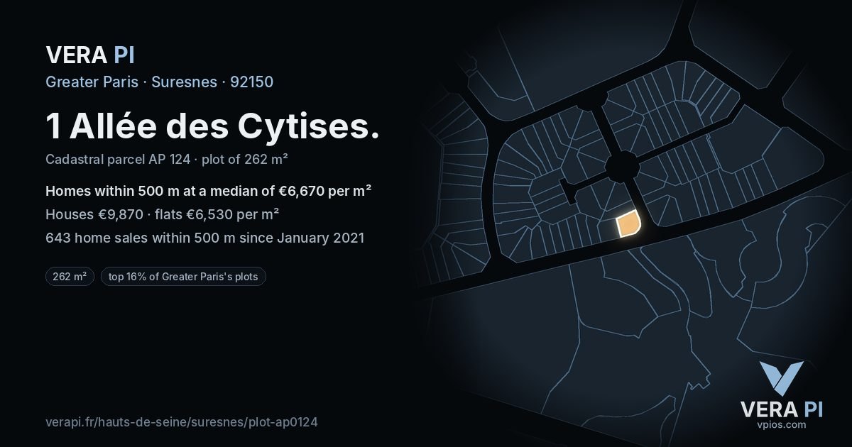 1 Allée des Cytises, Suresnes at night – the plot lit, the parcels around coloured by the prices near them
