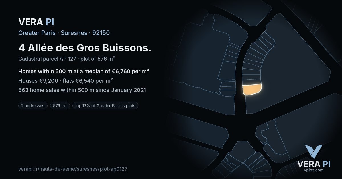 4 Allée des Gros Buissons, Suresnes at night – the plot lit, the parcels around coloured by the prices near them