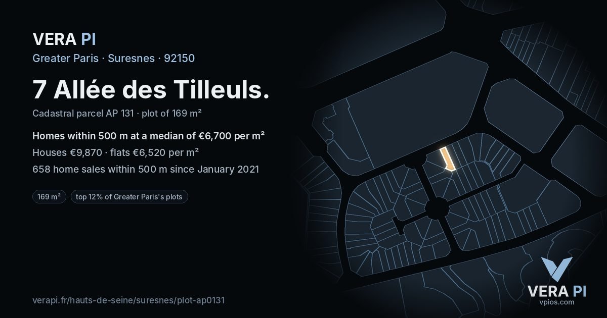 7 Allée des Tilleuls, Suresnes at night – the plot lit, the parcels around coloured by the prices near them