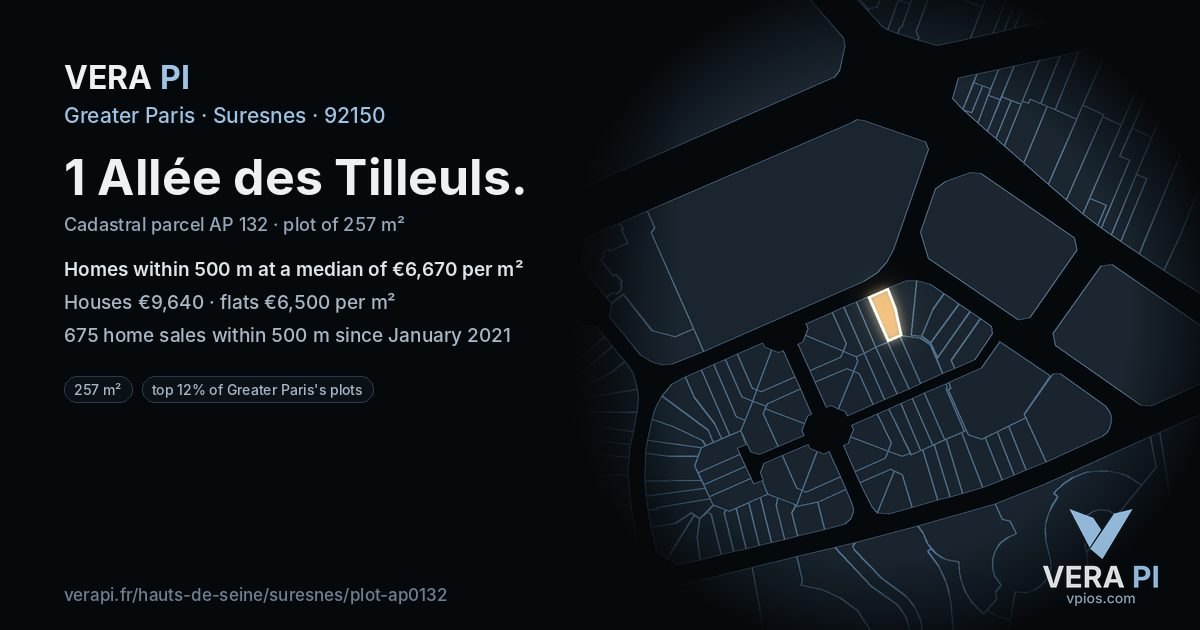 1 Allée des Tilleuls, Suresnes at night – the plot lit, the parcels around coloured by the prices near them