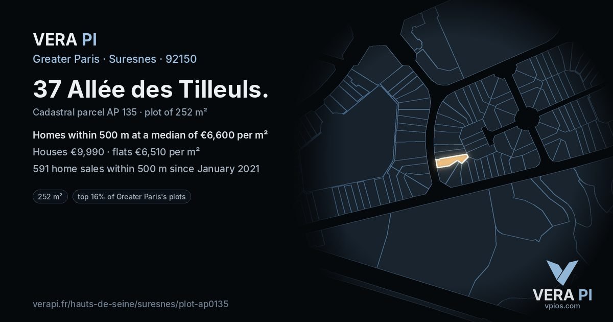 37 Allée des Tilleuls, Suresnes at night – the plot lit, the parcels around coloured by the prices near them
