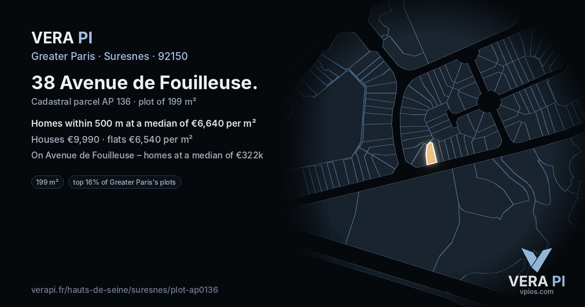 38 Avenue de Fouilleuse, Suresnes at night – the plot lit, the parcels around coloured by the prices near them