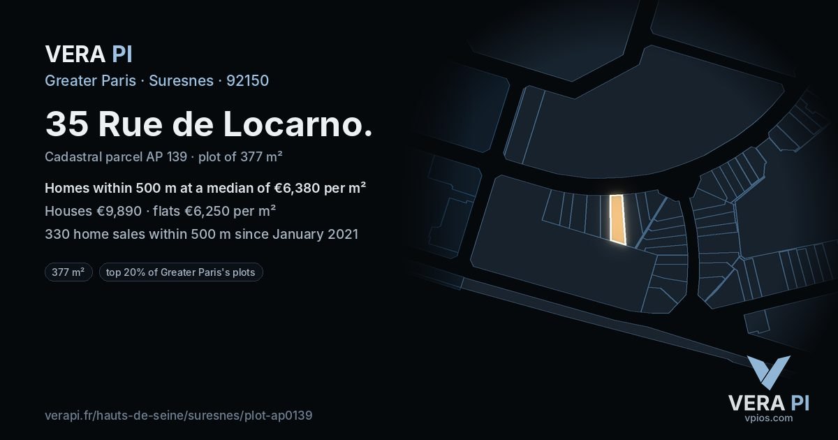 35 Rue de Locarno, Suresnes at night – the plot lit, the parcels around coloured by the prices near them