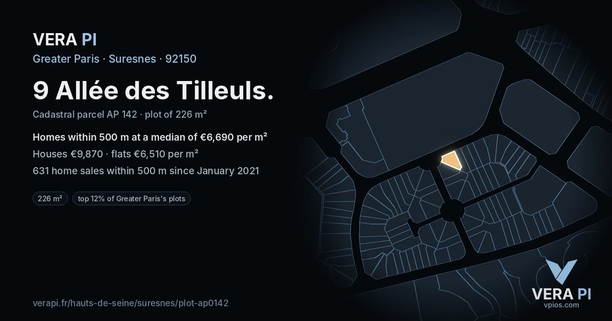 9 Allée des Tilleuls, Suresnes at night – the plot lit, the parcels around coloured by the prices near them