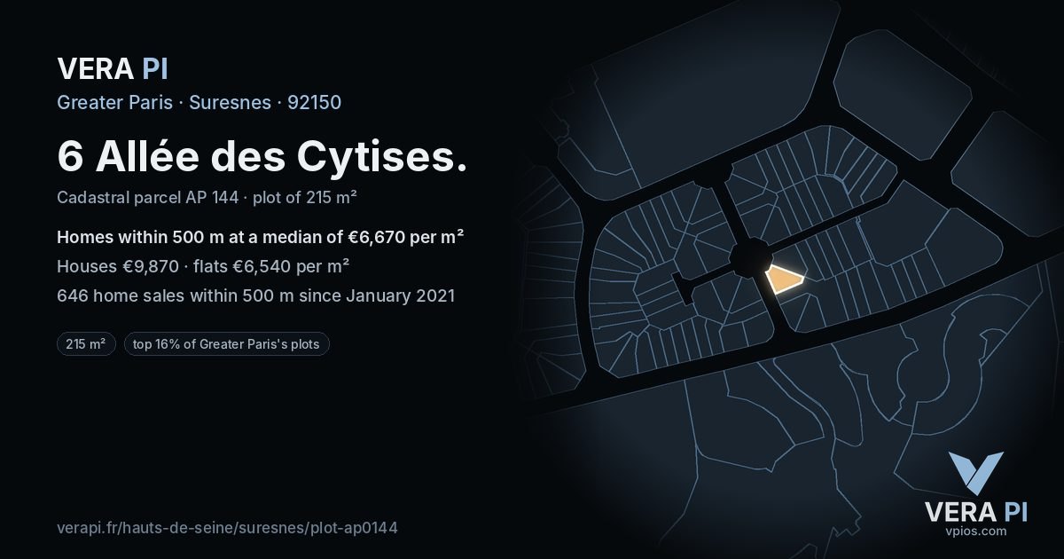 6 Allée des Cytises, Suresnes at night – the plot lit, the parcels around coloured by the prices near them