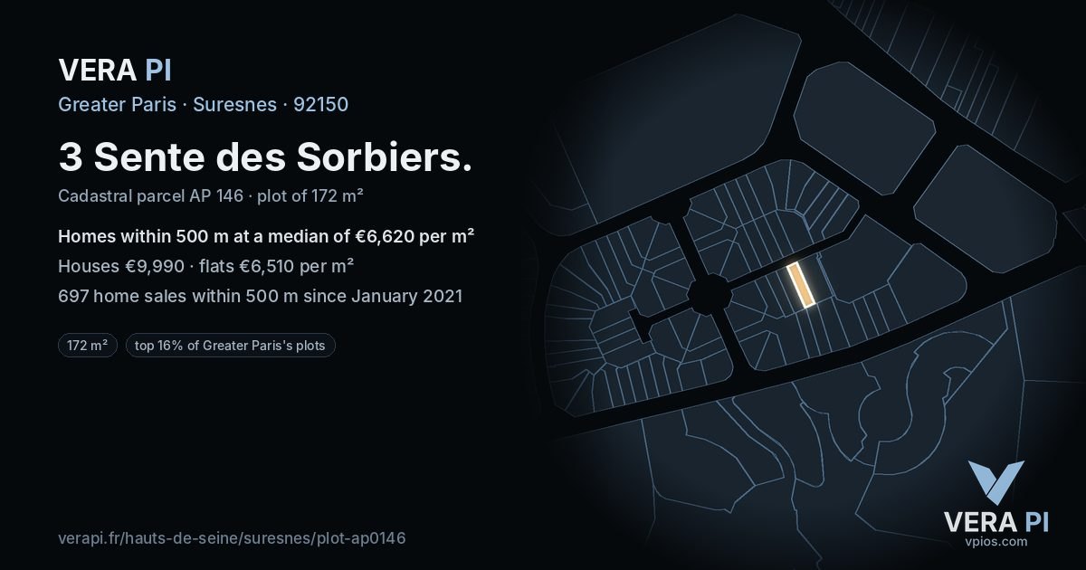 3 Sente des Sorbiers, Suresnes at night – the plot lit, the parcels around coloured by the prices near them