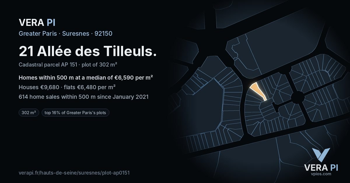 21 Allée des Tilleuls, Suresnes at night – the plot lit, the parcels around coloured by the prices near them