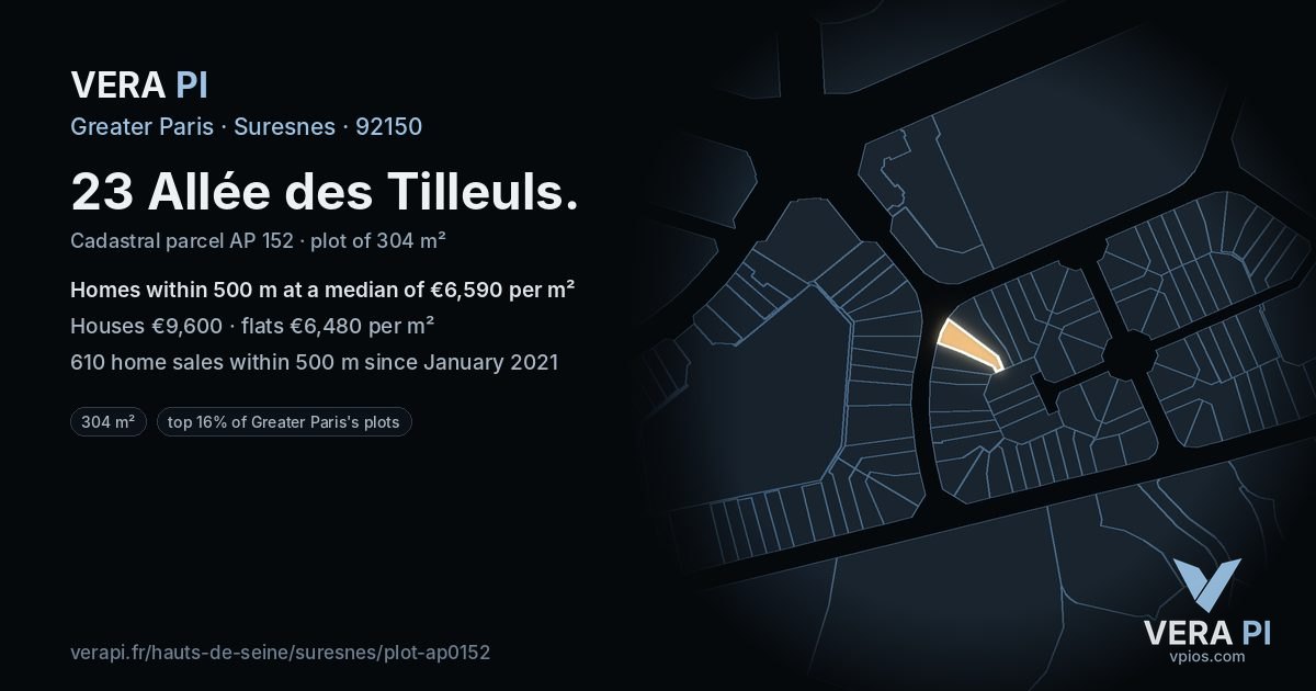 23 Allée des Tilleuls, Suresnes at night – the plot lit, the parcels around coloured by the prices near them
