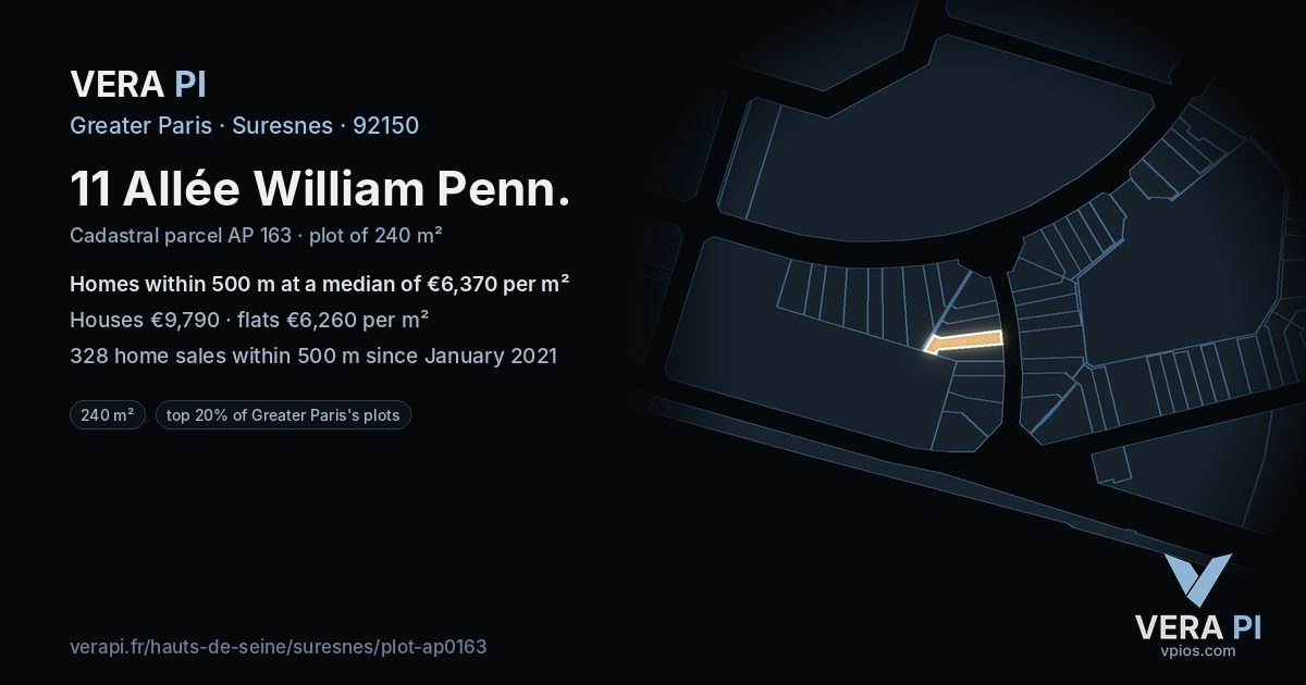 11 Allée William Penn, Suresnes at night – the plot lit, the parcels around coloured by the prices near them