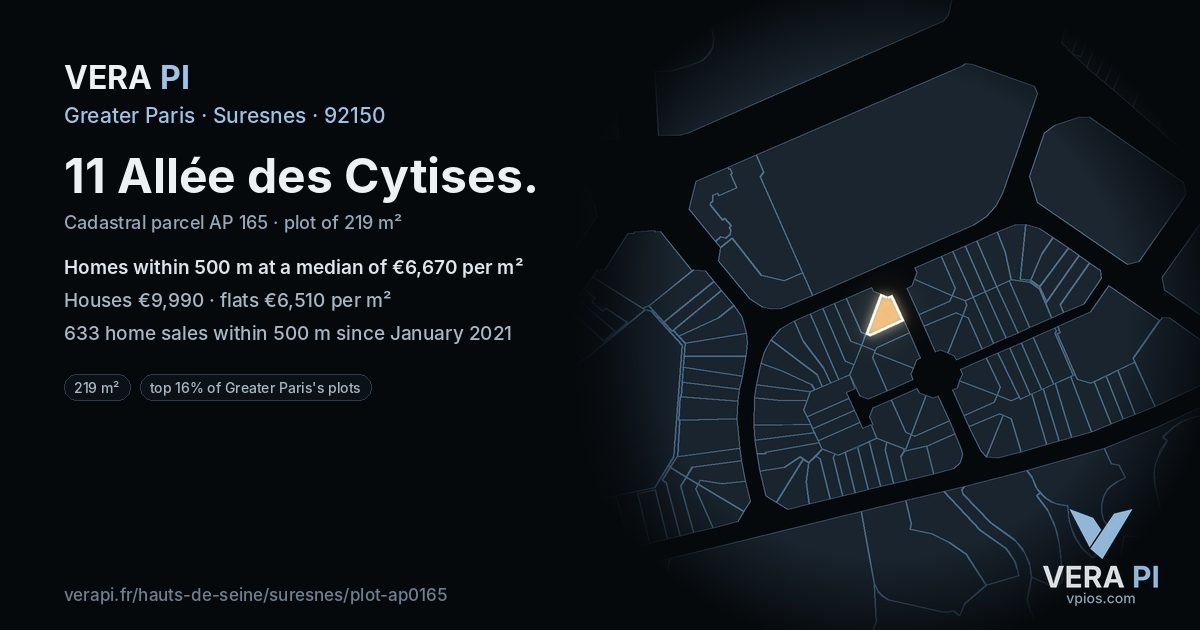 11 Allée des Cytises, Suresnes at night – the plot lit, the parcels around coloured by the prices near them