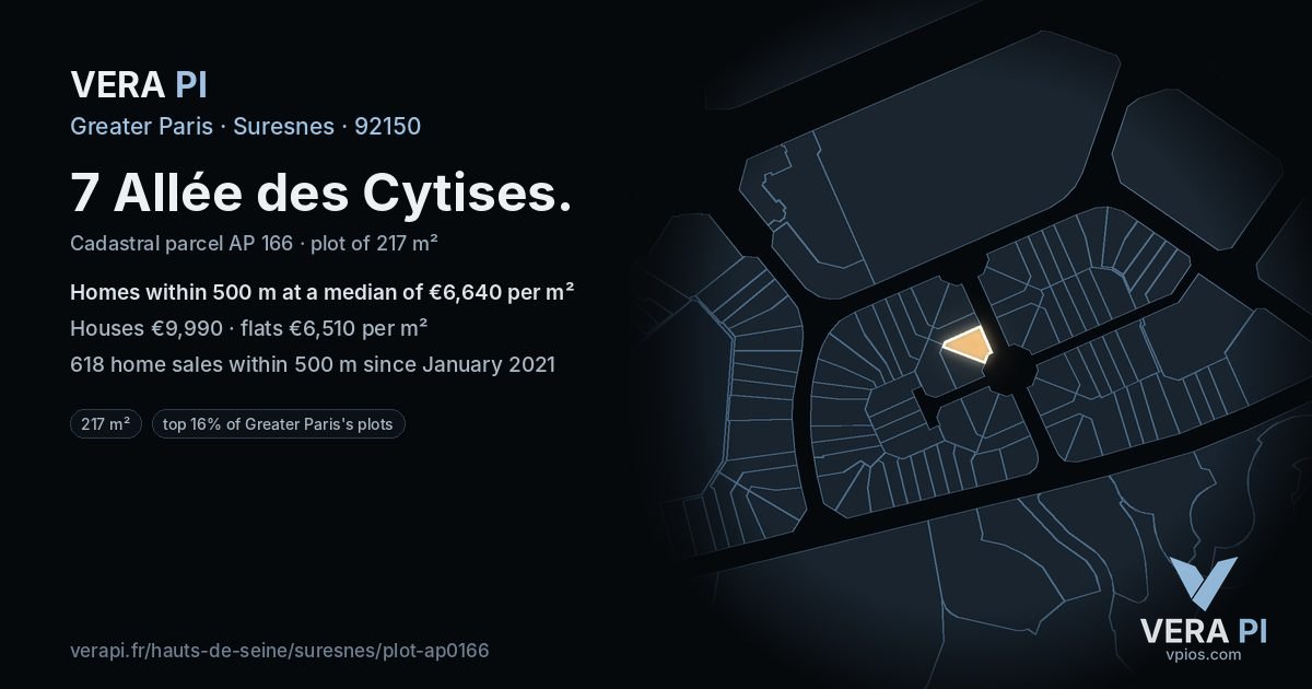 7 Allée des Cytises, Suresnes at night – the plot lit, the parcels around coloured by the prices near them