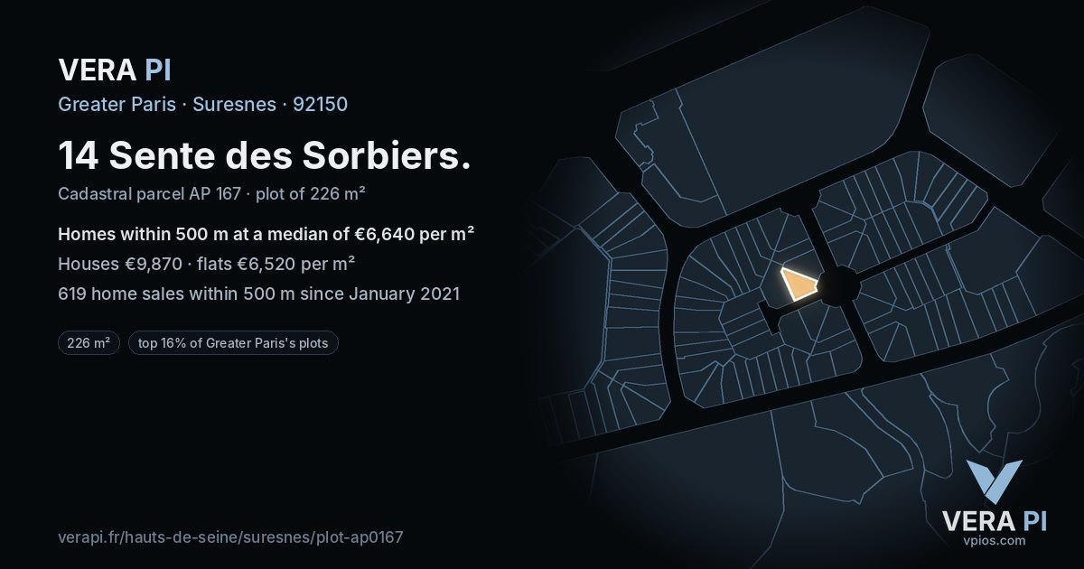 14 Sente des Sorbiers, Suresnes at night – the plot lit, the parcels around coloured by the prices near them
