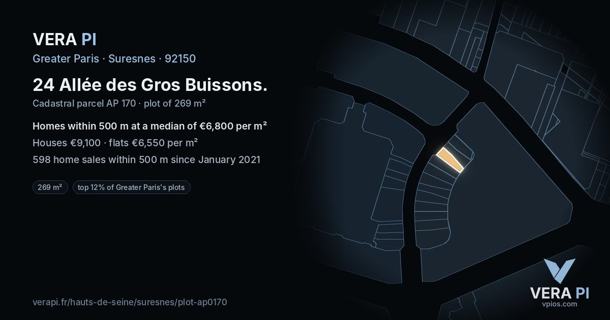 24 Allée des Gros Buissons, Suresnes at night – the plot lit, the parcels around coloured by the prices near them