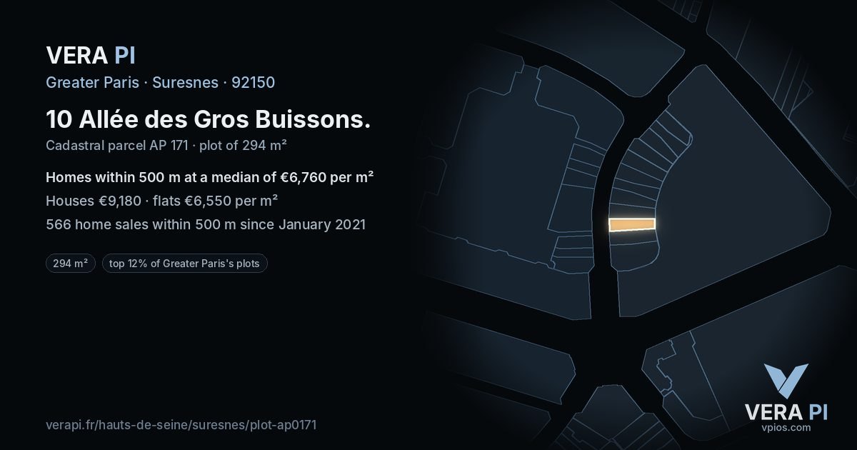 10 Allée des Gros Buissons, Suresnes at night – the plot lit, the parcels around coloured by the prices near them