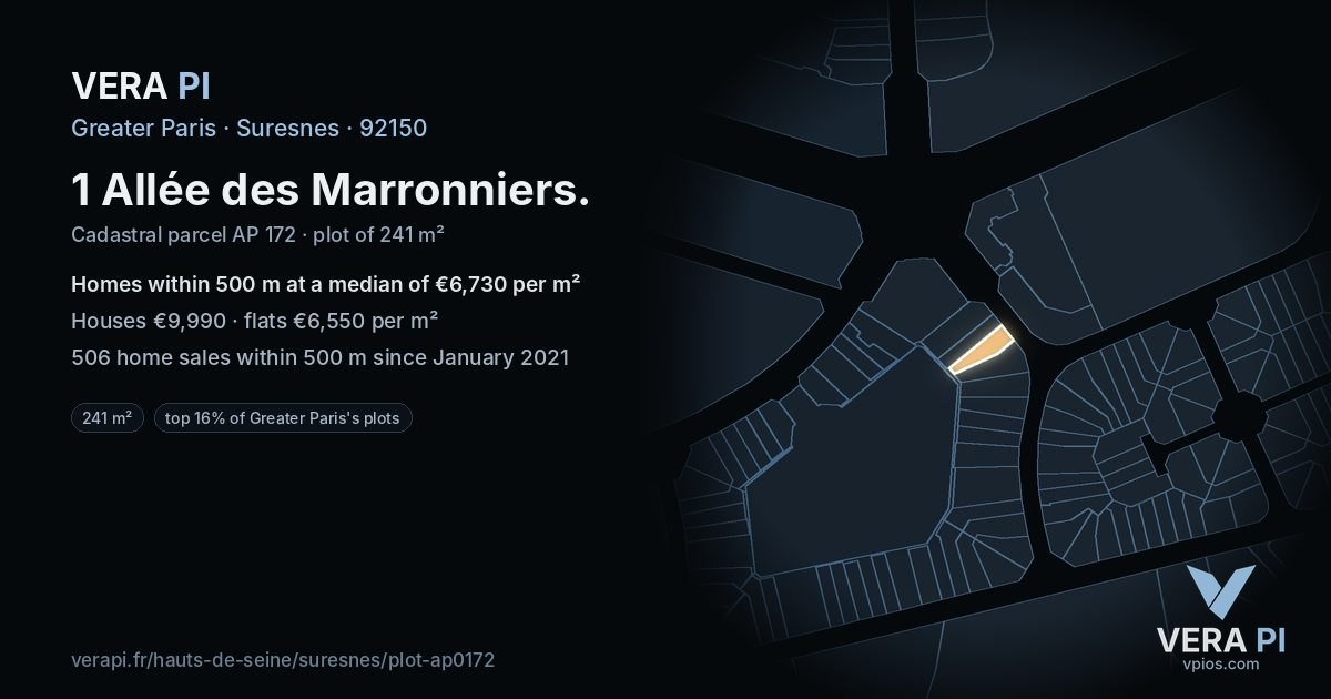 1 Allée des Marronniers, Suresnes at night – the plot lit, the parcels around coloured by the prices near them