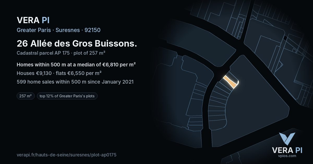 26 Allée des Gros Buissons, Suresnes at night – the plot lit, the parcels around coloured by the prices near them