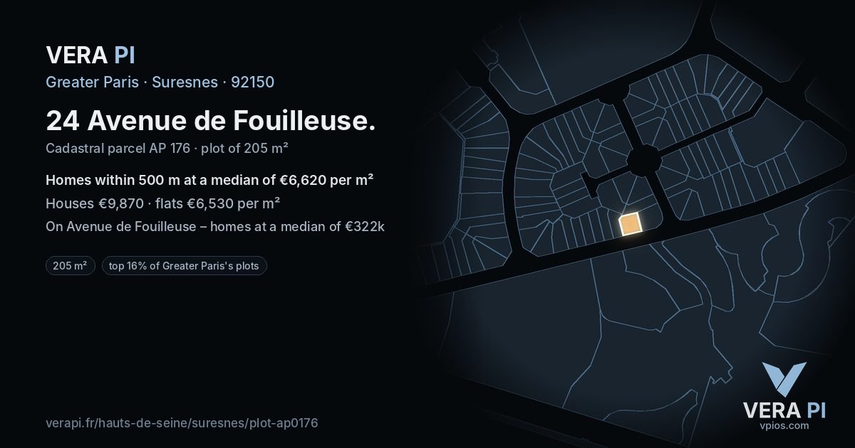 24 Avenue de Fouilleuse, Suresnes at night – the plot lit, the parcels around coloured by the prices near them
