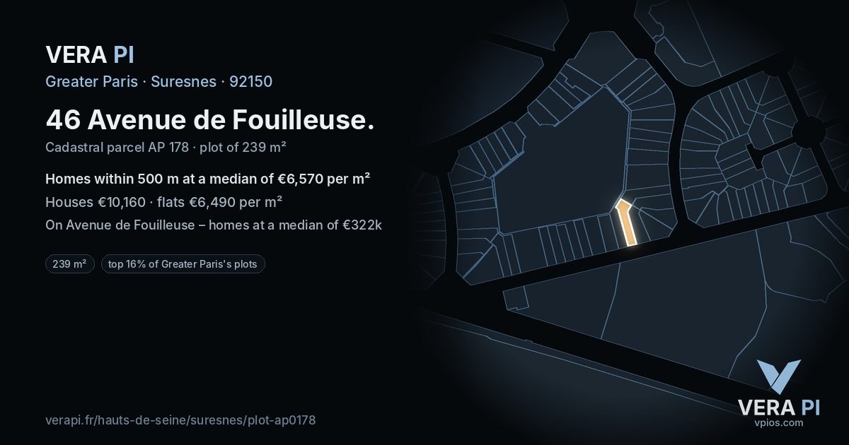 46 Avenue de Fouilleuse, Suresnes at night – the plot lit, the parcels around coloured by the prices near them