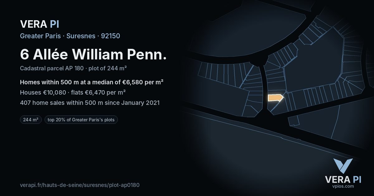 6 Allée William Penn, Suresnes at night – the plot lit, the parcels around coloured by the prices near them