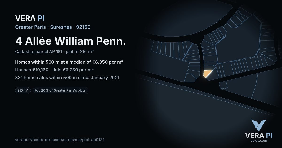 4 Allée William Penn, Suresnes at night – the plot lit, the parcels around coloured by the prices near them