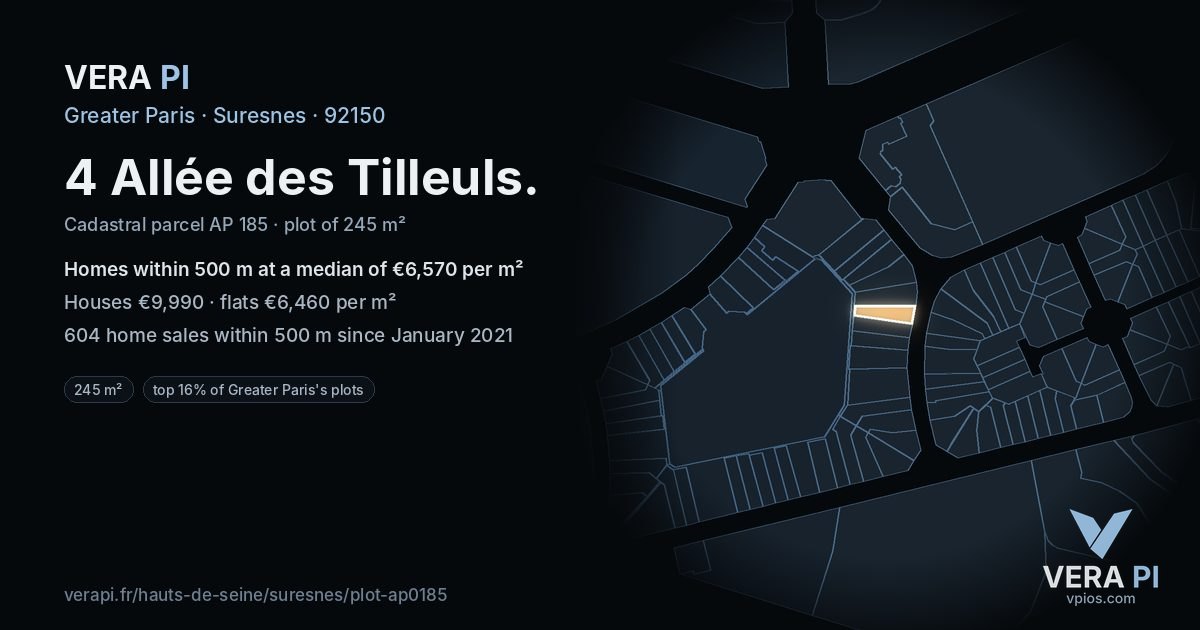 4 Allée des Tilleuls, Suresnes at night – the plot lit, the parcels around coloured by the prices near them