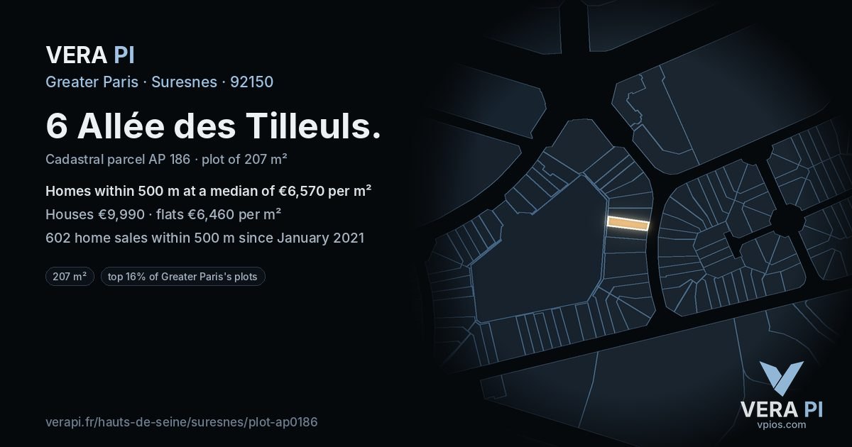 6 Allée des Tilleuls, Suresnes at night – the plot lit, the parcels around coloured by the prices near them