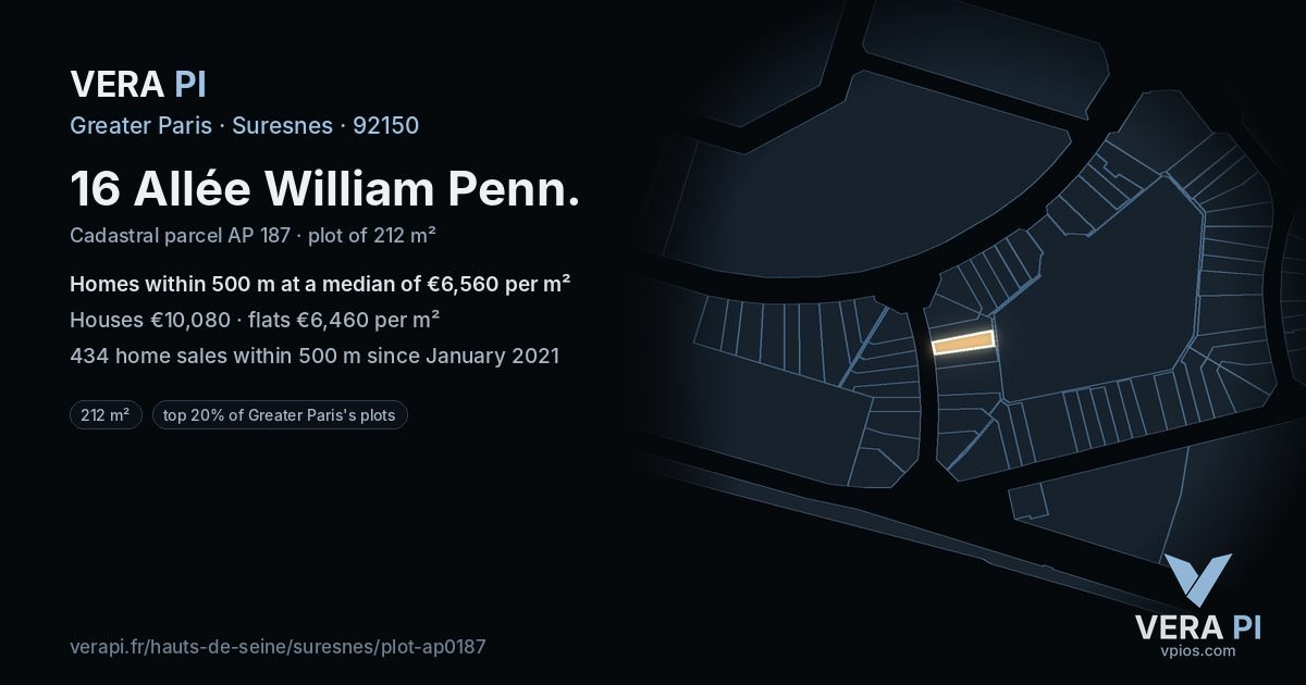 16 Allée William Penn, Suresnes at night – the plot lit, the parcels around coloured by the prices near them