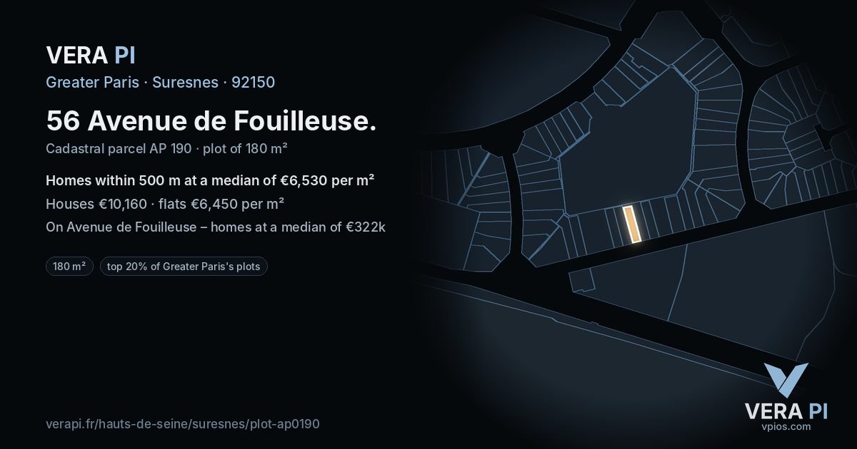 56 Avenue de Fouilleuse, Suresnes at night – the plot lit, the parcels around coloured by the prices near them