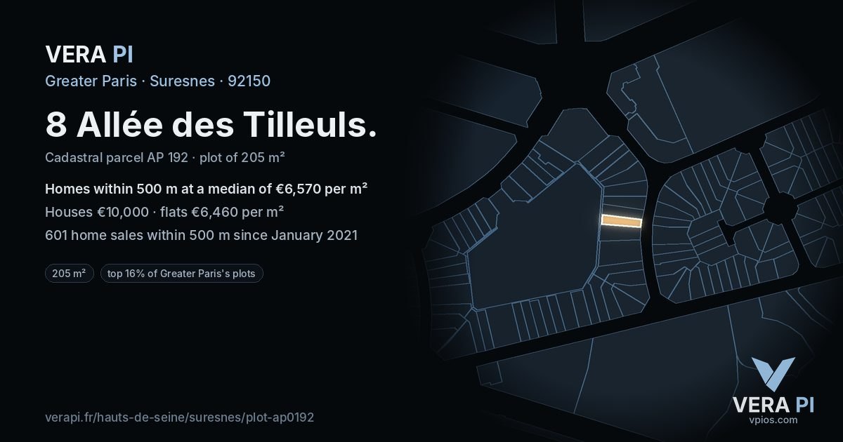 8 Allée des Tilleuls, Suresnes at night – the plot lit, the parcels around coloured by the prices near them