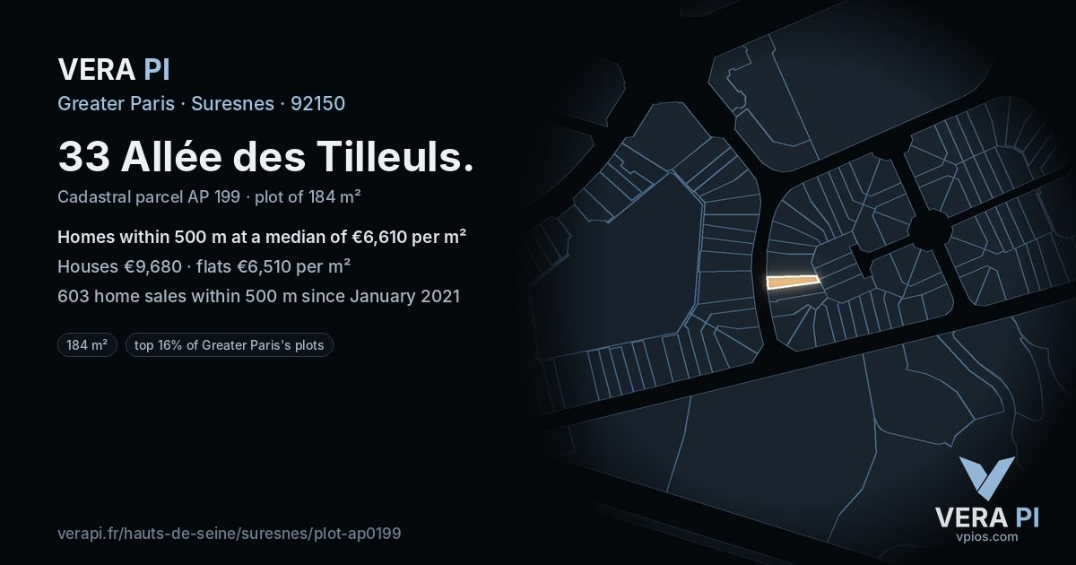 33 Allée des Tilleuls, Suresnes at night – the plot lit, the parcels around coloured by the prices near them