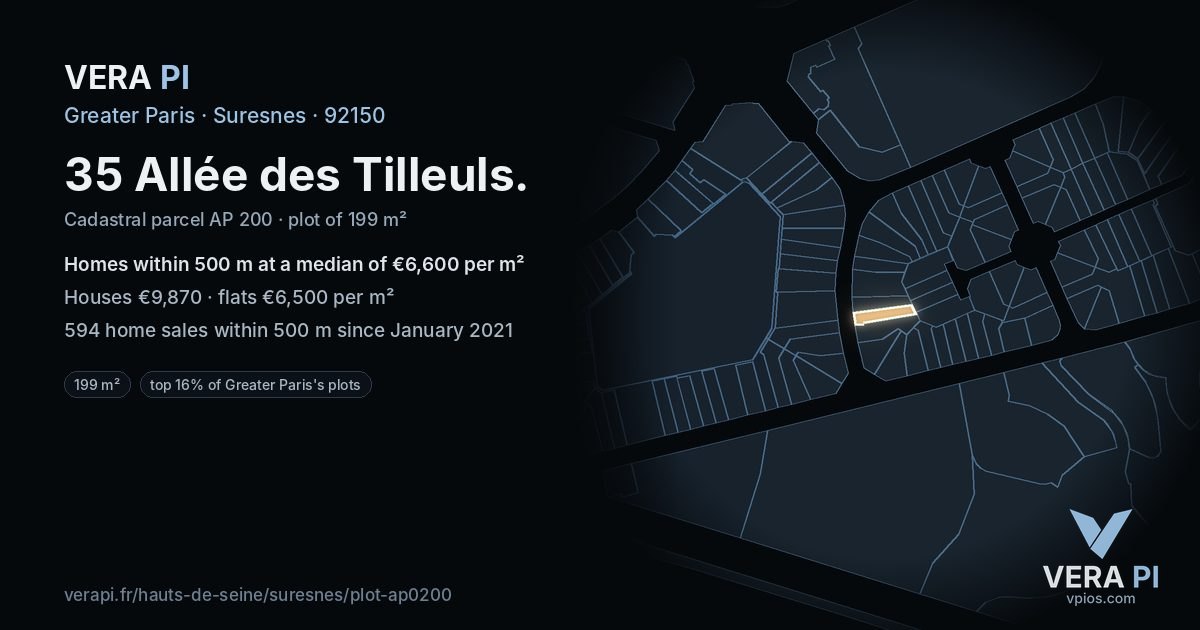 35 Allée des Tilleuls, Suresnes at night – the plot lit, the parcels around coloured by the prices near them