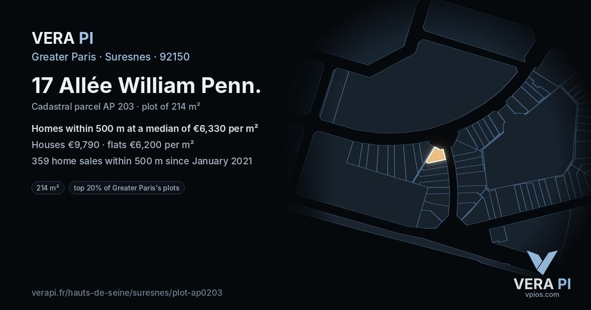 17 Allée William Penn, Suresnes at night – the plot lit, the parcels around coloured by the prices near them