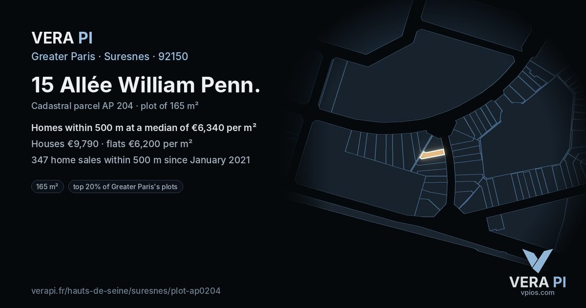 15 Allée William Penn, Suresnes at night – the plot lit, the parcels around coloured by the prices near them