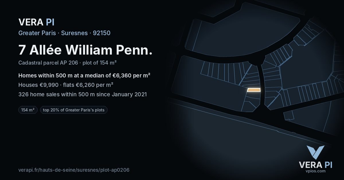 7 Allée William Penn, Suresnes at night – the plot lit, the parcels around coloured by the prices near them