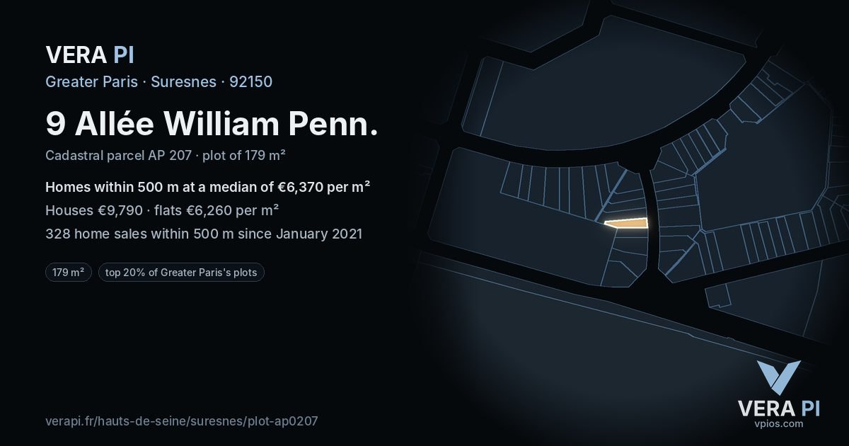 9 Allée William Penn, Suresnes at night – the plot lit, the parcels around coloured by the prices near them