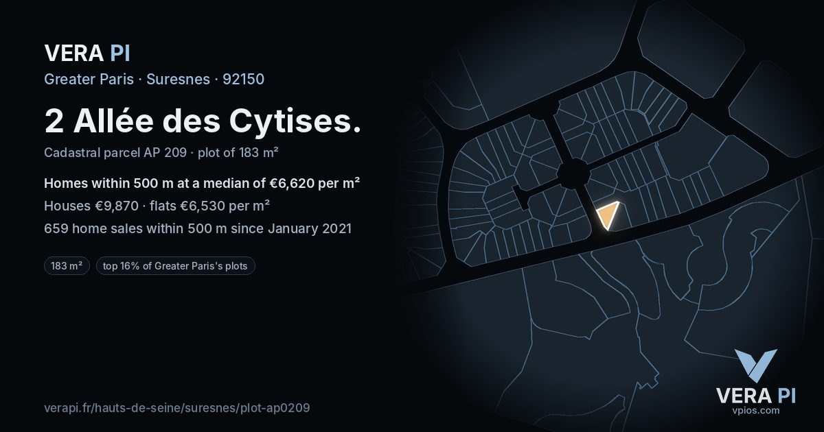 2 Allée des Cytises, Suresnes at night – the plot lit, the parcels around coloured by the prices near them