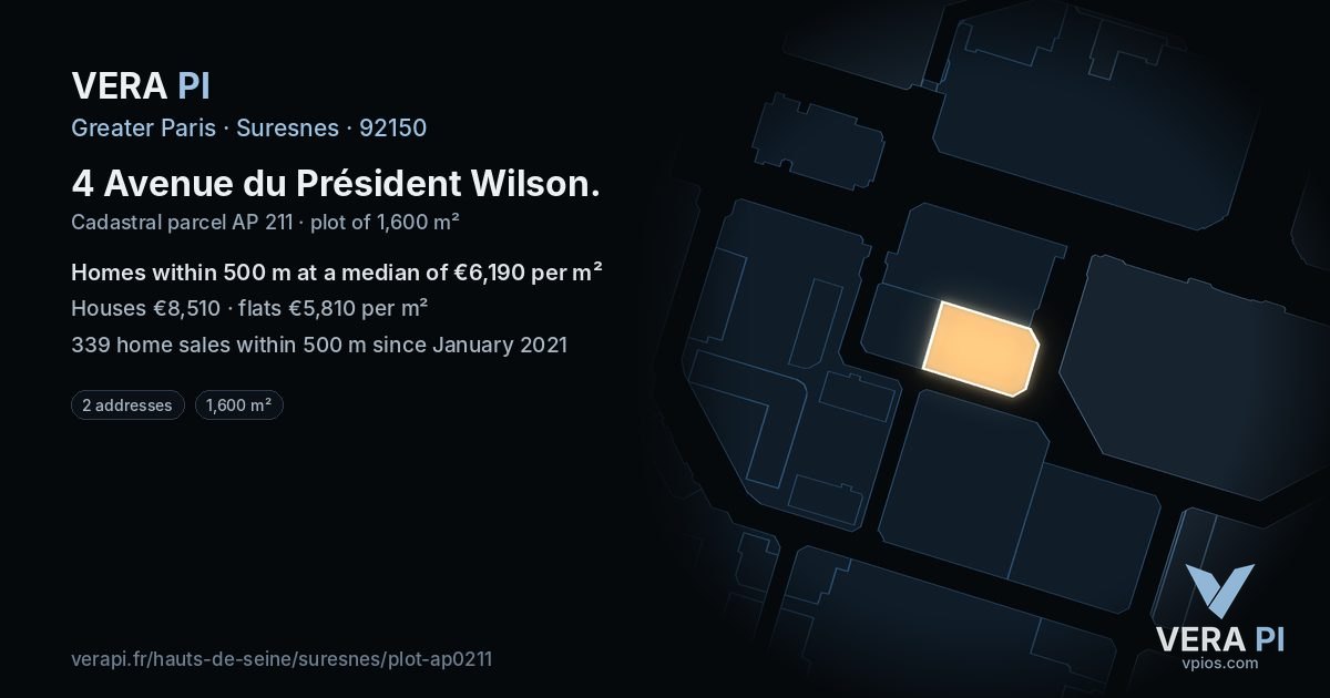 4 Avenue du Président Wilson, Suresnes at night – the plot lit, the parcels around coloured by the prices near them