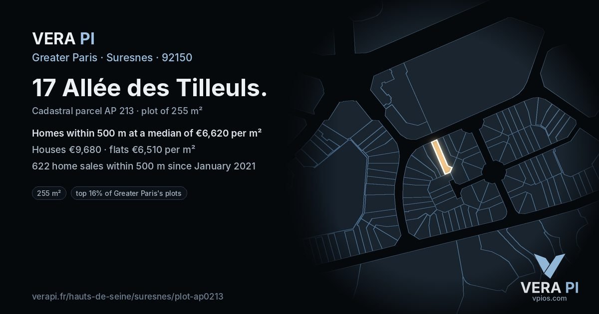 17 Allée des Tilleuls, Suresnes at night – the plot lit, the parcels around coloured by the prices near them