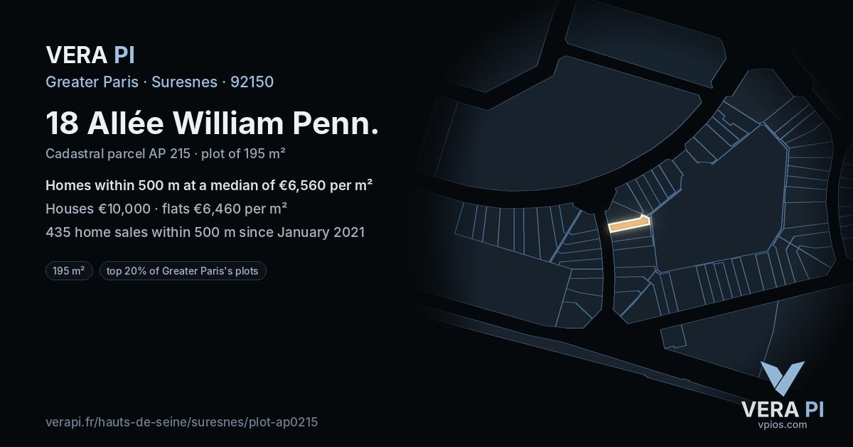 18 Allée William Penn, Suresnes at night – the plot lit, the parcels around coloured by the prices near them