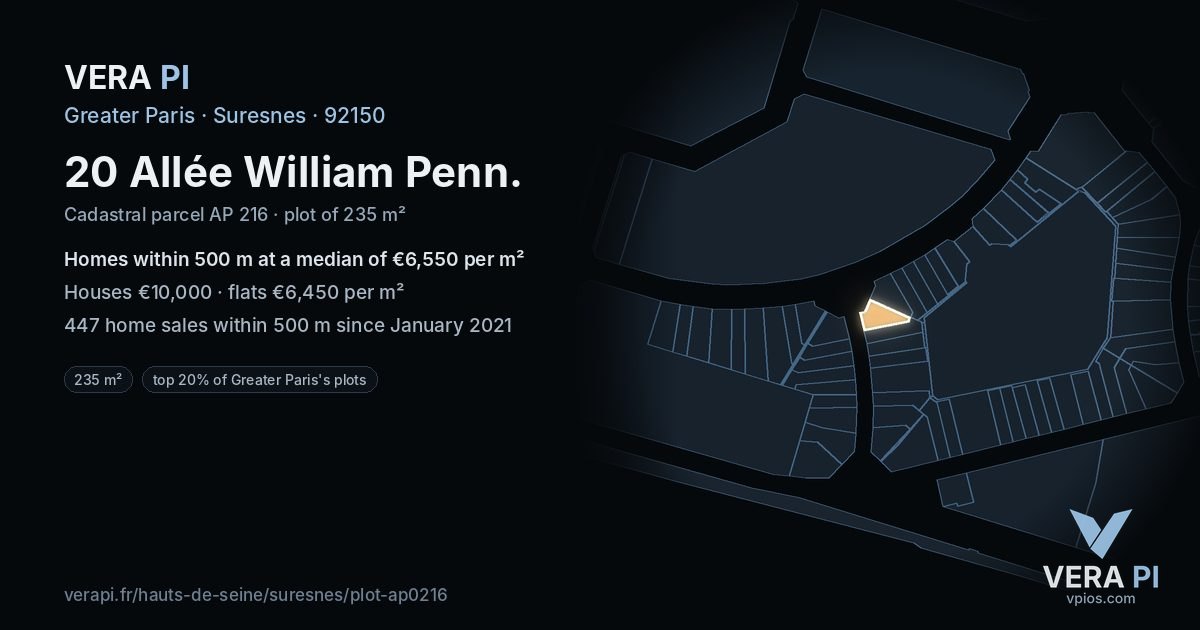 20 Allée William Penn, Suresnes at night – the plot lit, the parcels around coloured by the prices near them