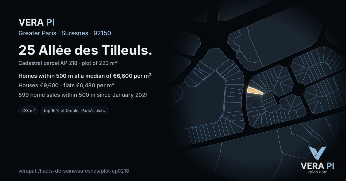 25 Allée des Tilleuls, Suresnes at night – the plot lit, the parcels around coloured by the prices near them