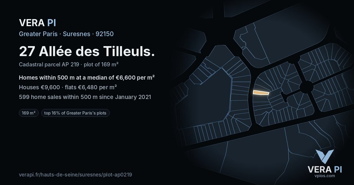 27 Allée des Tilleuls, Suresnes at night – the plot lit, the parcels around coloured by the prices near them